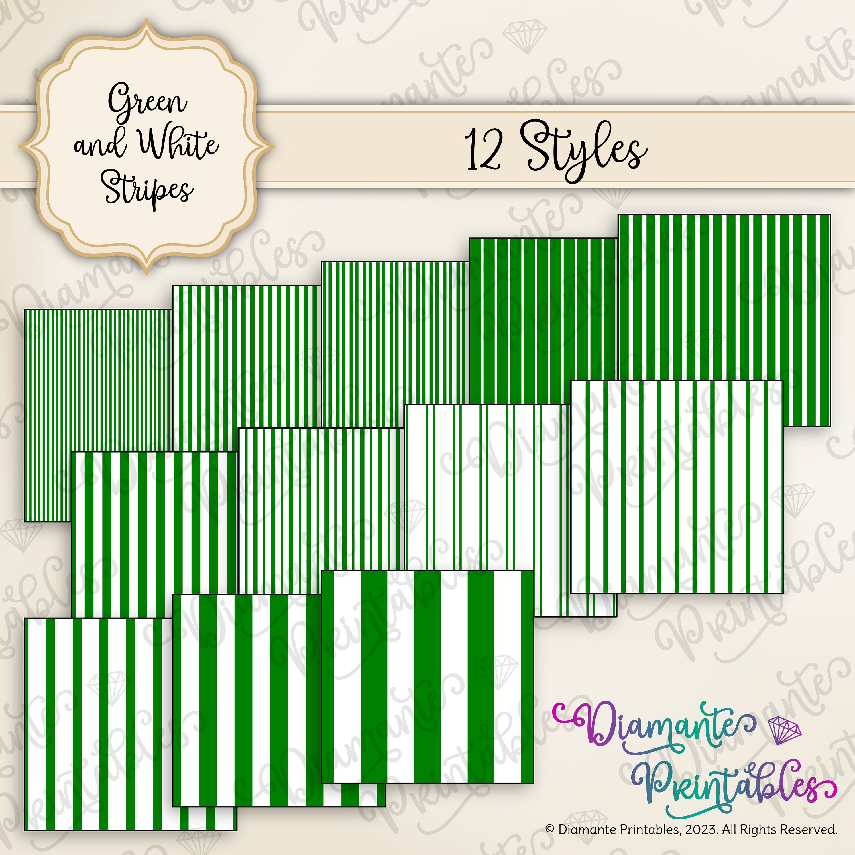 Green and White Stripes Digital Paper Pack | 12 Styles | 4 Sizes ...