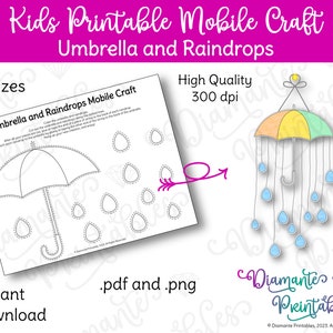 Umbrella and Raindrops Printable Mobile Craft | Scissor Skills, Fine Motor Skills | Indoor Activity | Kids Activity Craft | Instant Download