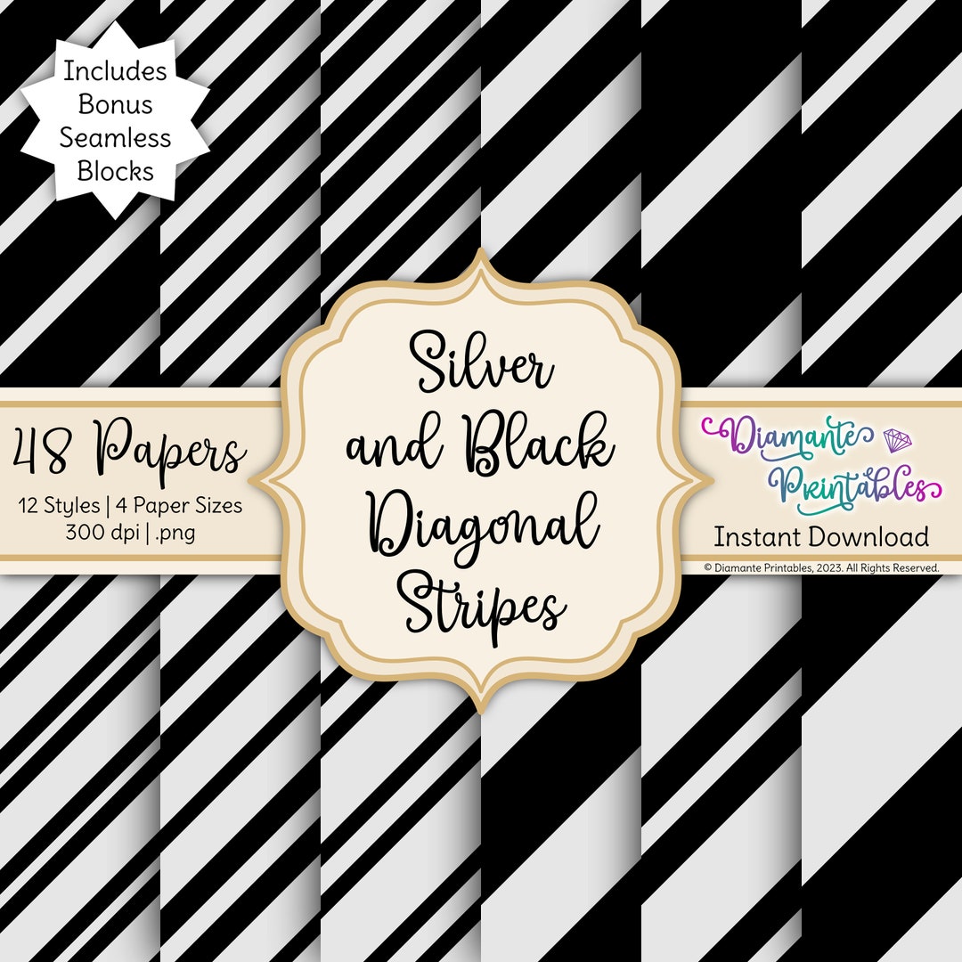 Silver and Black Diagonal Stripes Digital Paper Pack | 12 Styles | 4 ...