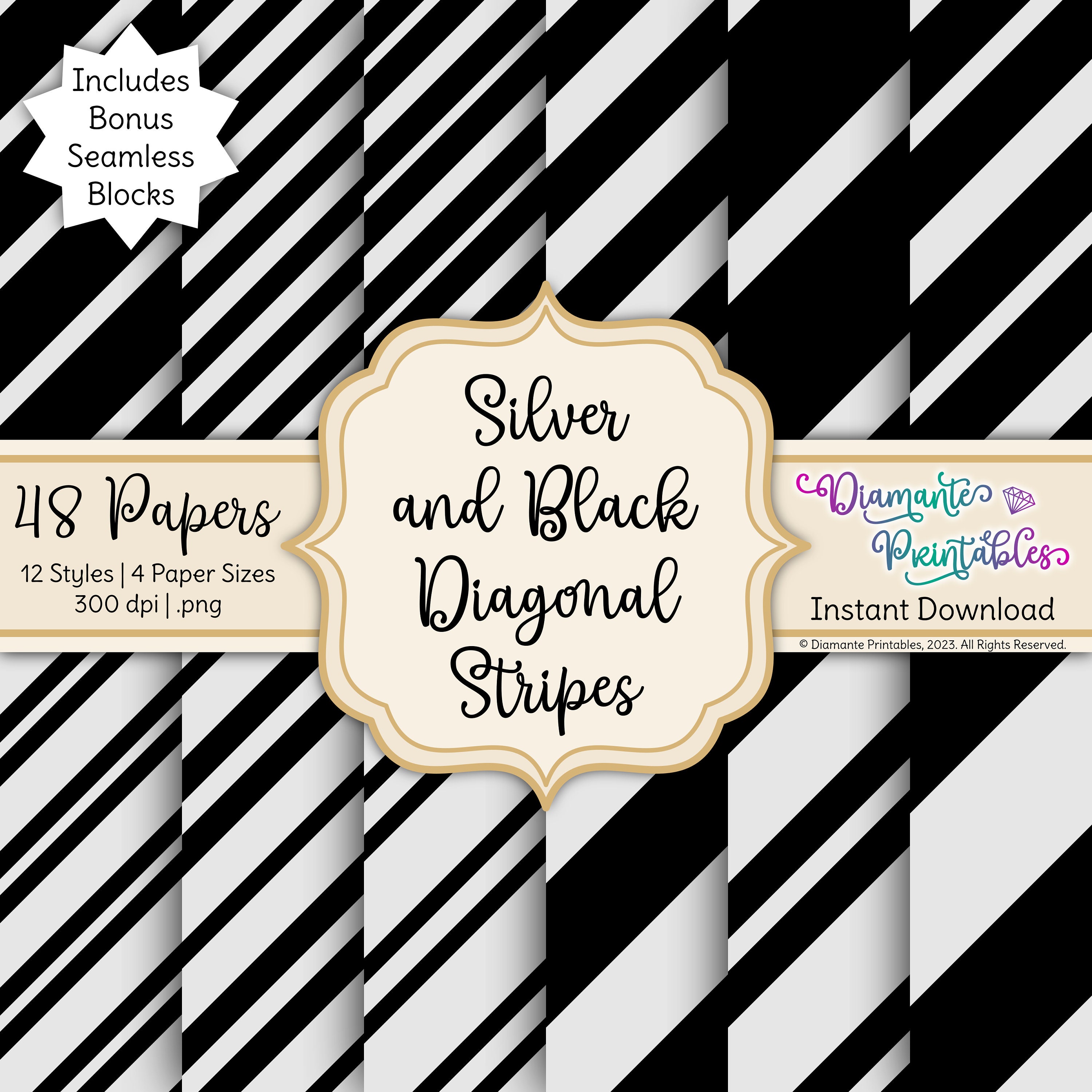Silver and Black Diagonal Stripes Digital Paper Pack | 12 Styles | 4 ...