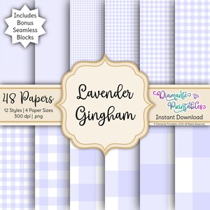 May include: A digital paper pack featuring various lavender gingham patterns. The image includes the text "Lavender Gingham" and "48 Papers" with different styles and sizes. Includes bonus seamless blocks.