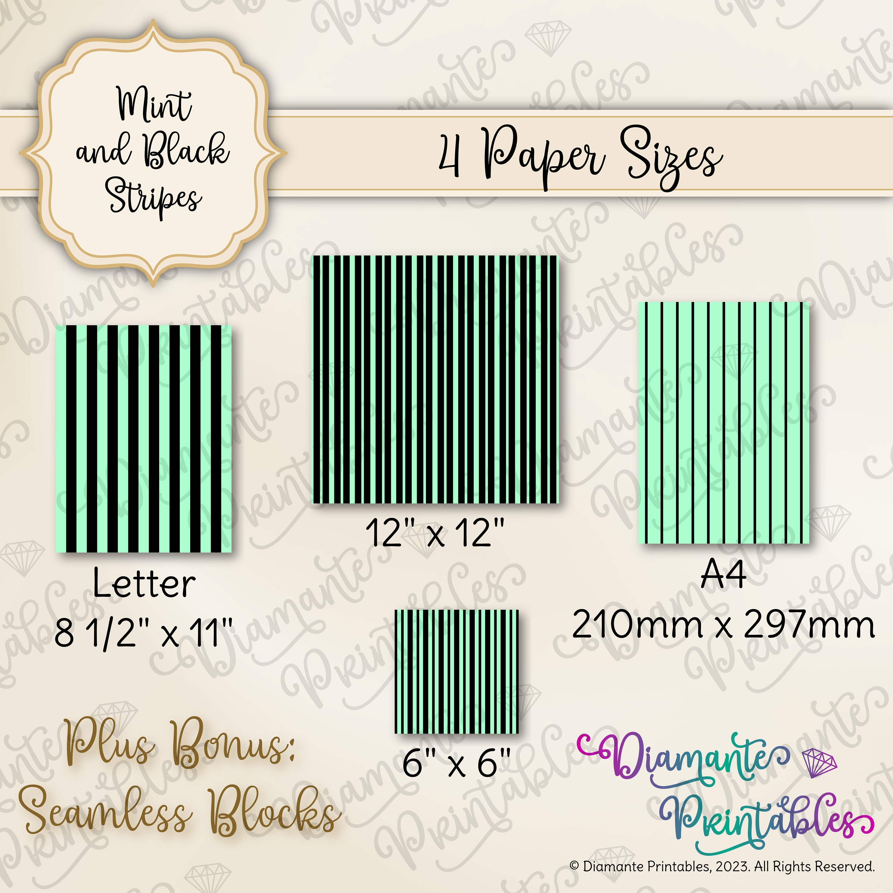 Mint and Black Stripes Digital Paper Pack | 12 Styles | 4 Sizes ...