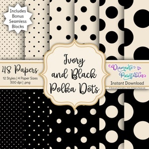 Ivory and Black Polka Dots Digital Paper Pack | 12 Styles | 4 Sizes | Instant Download | Commercial Use | Plus Bonus: Seamless Blocks