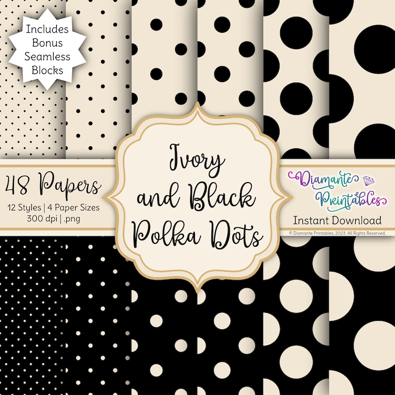 Ivory and Black Polka Dots Digital Paper Pack | 12 Styles | 4 Sizes ...
