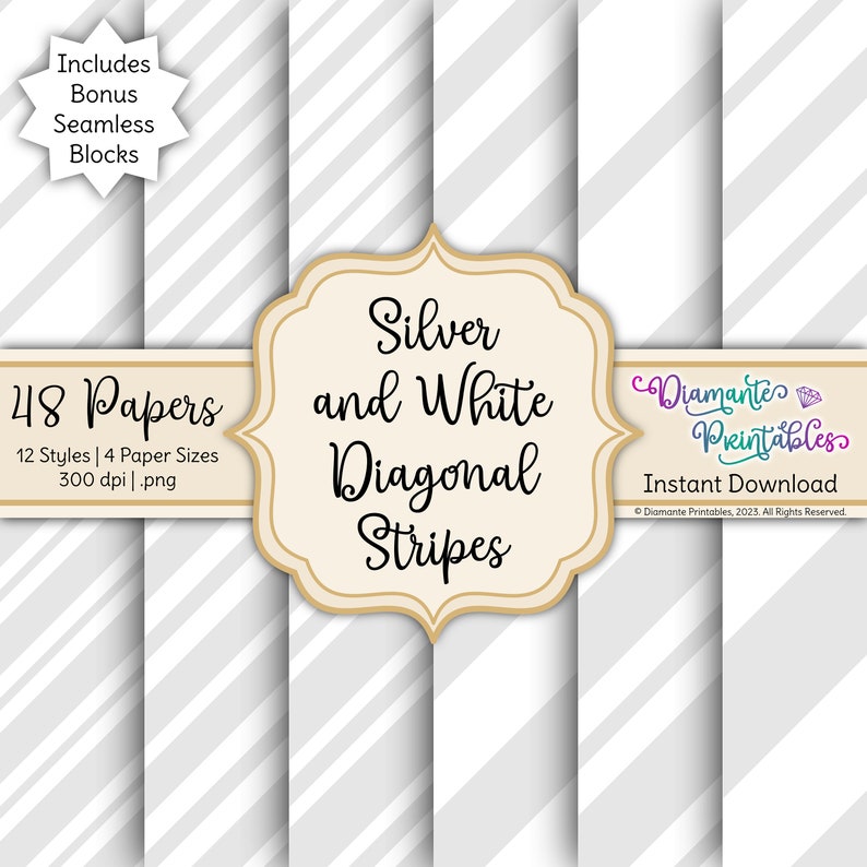 Silver and White Diagonal Stripes Digital Paper Pack | 12 Styles | 4 ...