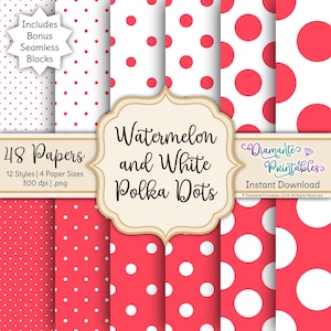 Pode incluir: Coleção de papéis digitais com padrões de bolinhas brancas e vermelhas, com tema de melancia. A imagem apresenta vários padrões de bolinhas vermelhas e brancas. O texto diz "Watermelon and White Polka Dots" e "48 Papers".