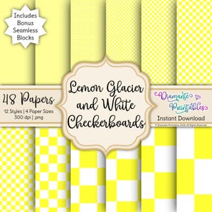 Lemon Glacier and White Checkerboards Digital Paper | Fluorescents Collection | 4 Sizes | PNG Files w/Seamless Blocks | Commercial Use