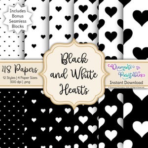Puede incluir: Una colección digital de 48 papeles con patrones de corazones en blanco y negro que incluye 12 estilos y 4 tamaños de papel. La imagen muestra varios motivos de corazones en diferentes escalas sobre fondos contrastantes con el texto Black and White Hearts.