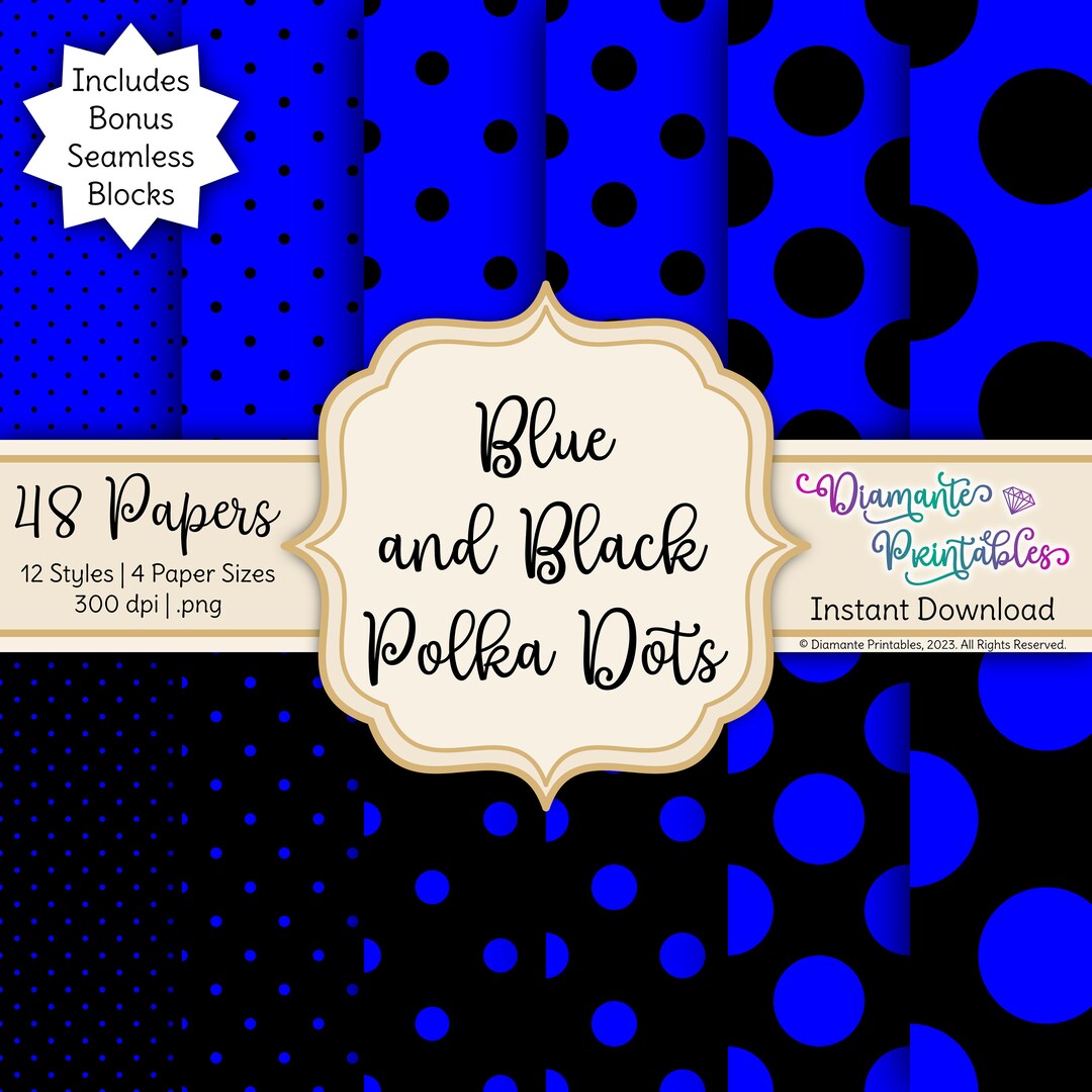 Blue and Black Polka Dots Digital Paper Pack | 12 Styles | 4 Sizes ...