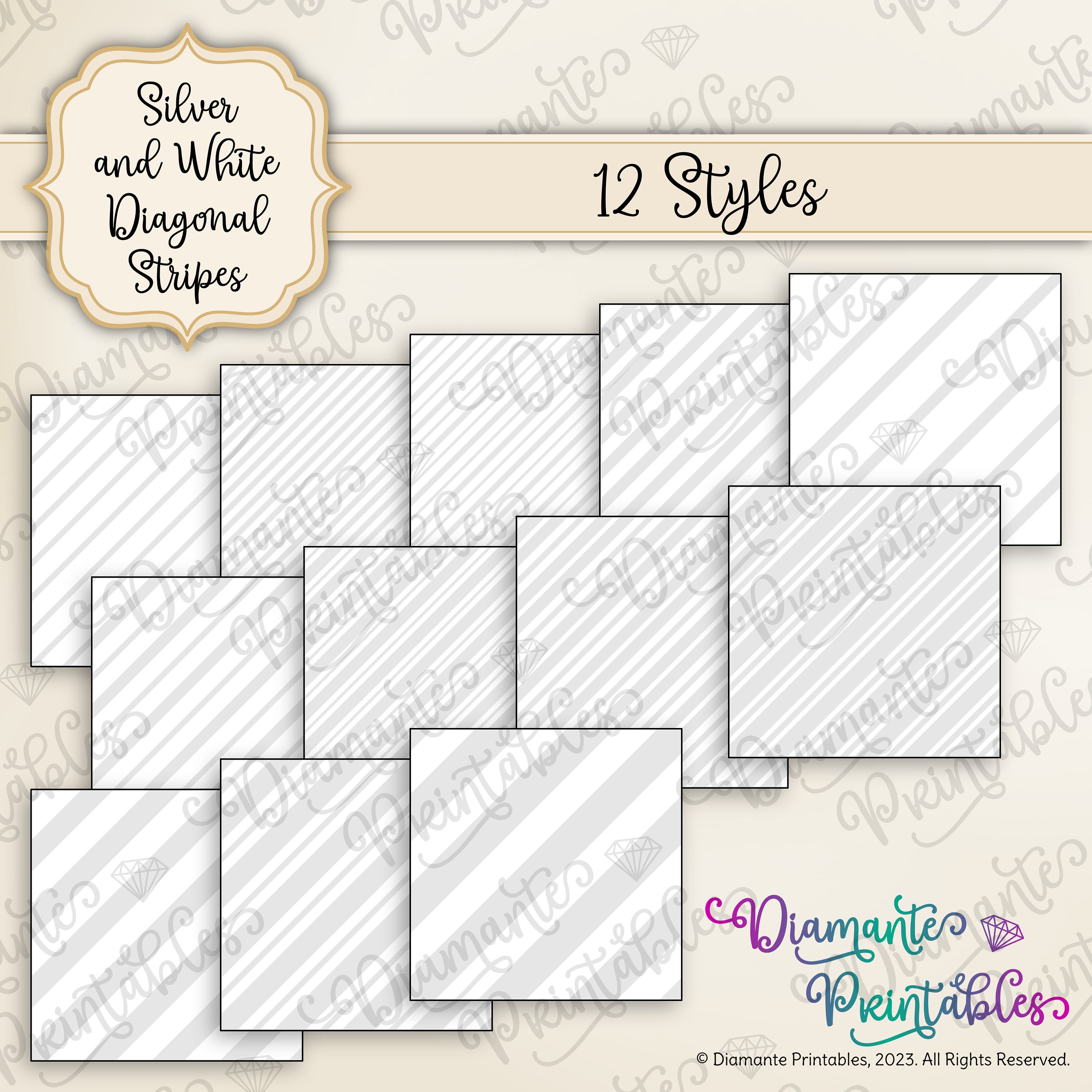 Silver and White Diagonal Stripes Digital Paper Pack | 12 Styles | 4 ...