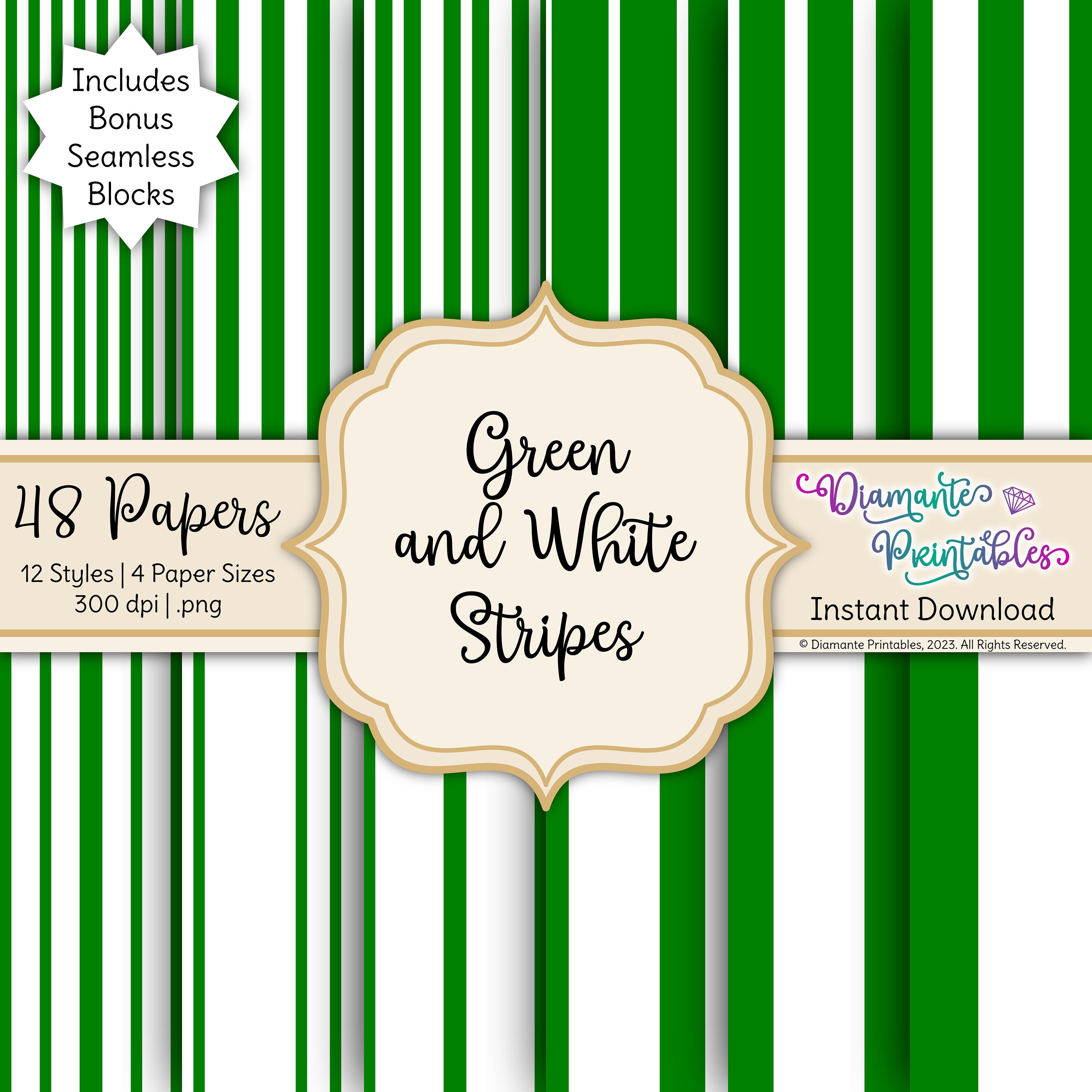 Green and White Stripes Digital Paper Pack | 12 Styles | 4 Sizes ...