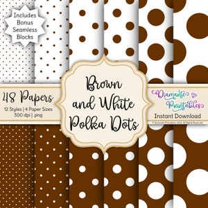 Brown and White Polka Dots Digital Paper Pack | 12 Styles | 4 Sizes | Instant Download | Commercial Use | Plus Bonus: Seamless Blocks
