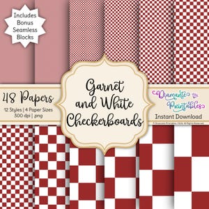 Könnte beinhalten: Ein digitales Papierpaket mit verschiedenen granat- und weiß karierten Mustern. Das Bild enthält den Text "Garnet and White Checkerboards" und "48 Papers". Enthält Bonus nahtlose Blöcke und ist sofort zum Download verfügbar.