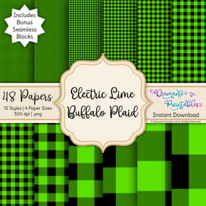 Puede incluir: Una colección digital de 48 papeles con estampado de cuadros buffalo en verde lima eléctrico y negro en 12 estilos y 4 tamaños. La imagen presenta una etiqueta central con el texto Electric Lime Buffalo Plaid, Includes Bonus Seamless Blocks, 48 Papers.