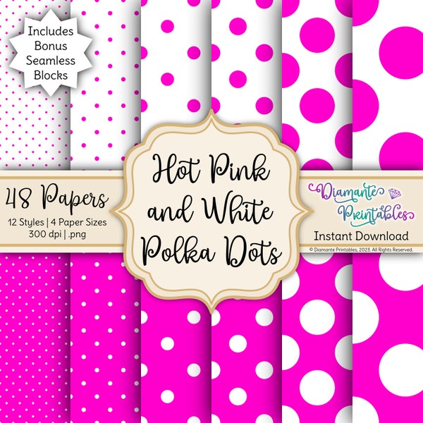 Hot Pink and White Polka Dots Digital Paper Pack | 12 Styles | 4 Sizes | Instant Download | Commercial Use | Plus Bonus: Seamless Blocks