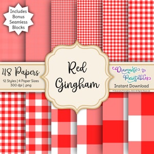 May include: A digital paper pack featuring various red and white gingham patterns. The image includes the text "Red Gingham" and "48 Papers" with details about styles and sizes. The design also includes the text "Instant Download".