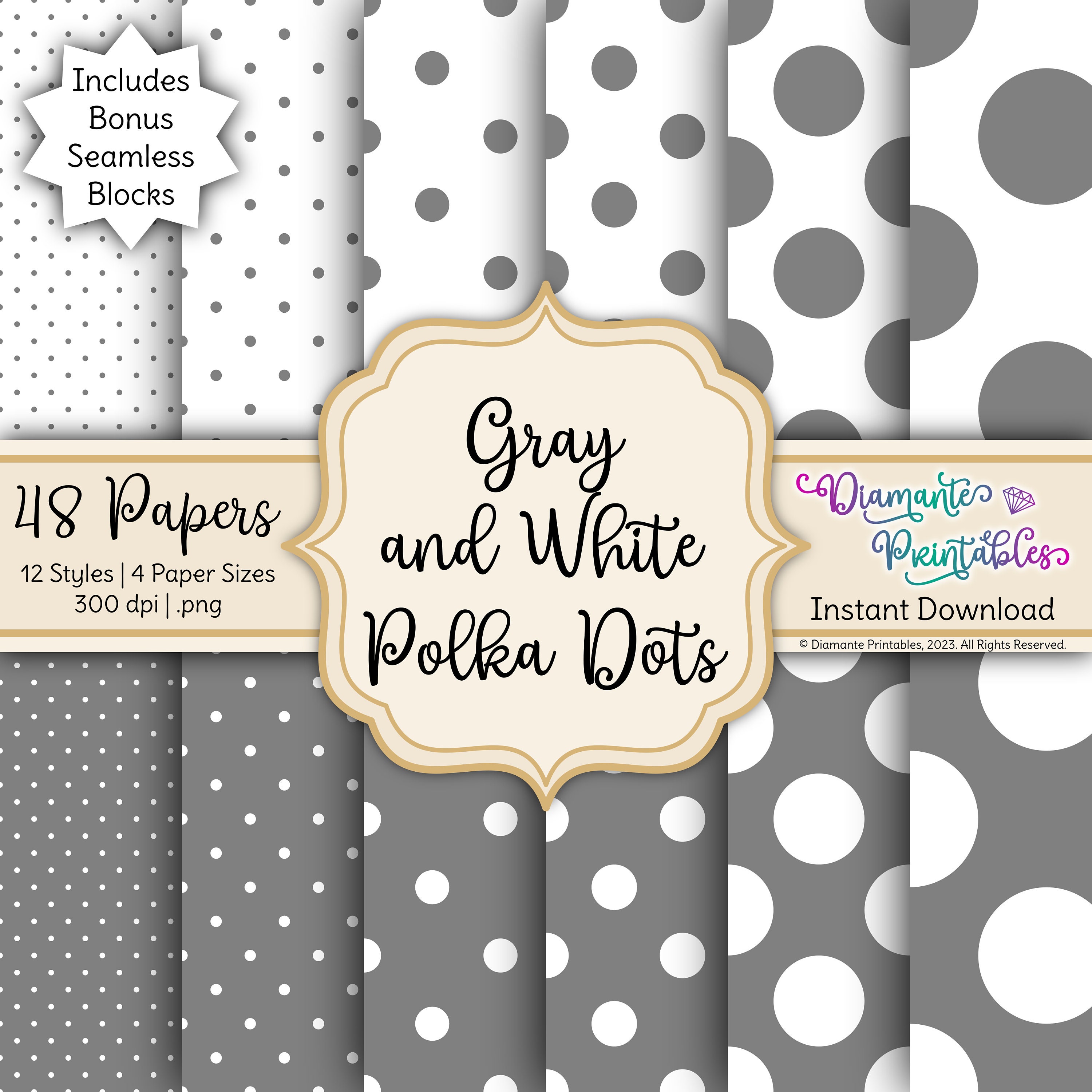 Gray and White Polka Dots Digital Paper Pack | 12 Styles | 4 Sizes ...