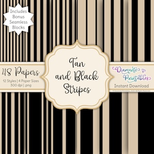 May include: A digital paper pack with 48 tan and black striped patterns. The pack includes 12 styles and 4 paper sizes. The patterns are 300 dpi and in PNG format. The text "Tan and Black Stripes" is displayed on the image.