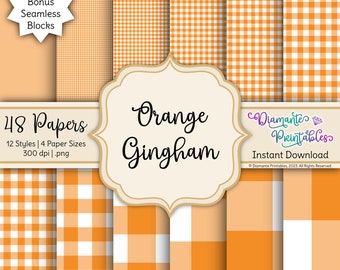 Orange Gingham Digital Paper Pack | 12 Styles | 4 Sizes | Instant Download | Commercial Use | Plus Bonus: Seamless Blocks