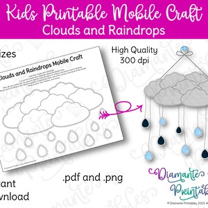 May include: Printable craft for kids to make a mobile of clouds and raindrops. The craft includes three sizes of clouds and raindrops to color and cut out. The image shows a finished mobile with gray clouds and black and blue raindrops.