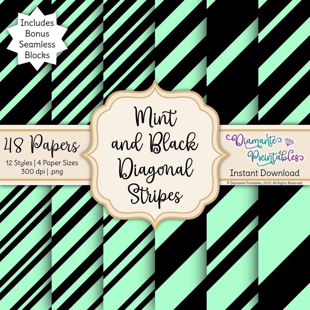 Mint and Black Diagonal Stripes Digital Paper Pack | 12 Styles | 4 ...