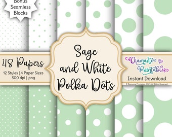 May include: Sage green and white polka dot digital paper pack with 48 papers in 12 styles and 4 sizes. Includes bonus seamless blocks. Instant download.