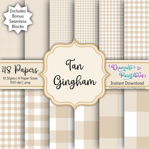May include: A digital paper pack featuring 48 tan gingham patterns in 12 styles and 4 sizes. The patterns are 300 dpi and in PNG format. The text "Tan Gingham" is displayed in a decorative font. The text "48 Papers" is displayed in a bold font. The text "12 Styles | 4 Paper Sizes" is displayed in a smaller font. The text "300 dpi.png" is displayed in a smaller font. The text "Diamante Printables" is displayed in a decorative font. The text "Instant Download" is displayed in a smaller font. The text "Diamante Printables, 2023. All Rights Reserved." is displayed in a smaller font.