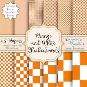 May include: A collection of orange and white checkerboard patterns. The image includes various designs, from small to large checks, and the text "Orange and White Checkerboards". The image also includes the text "48 Papers" and "Instant Download".