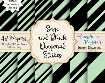Sage and Black Diagonal Stripes Digital Paper Pack | 12 Styles | 4 Sizes | Instant Download | Commercial Use | Plus Bonus: Seamless Blocks