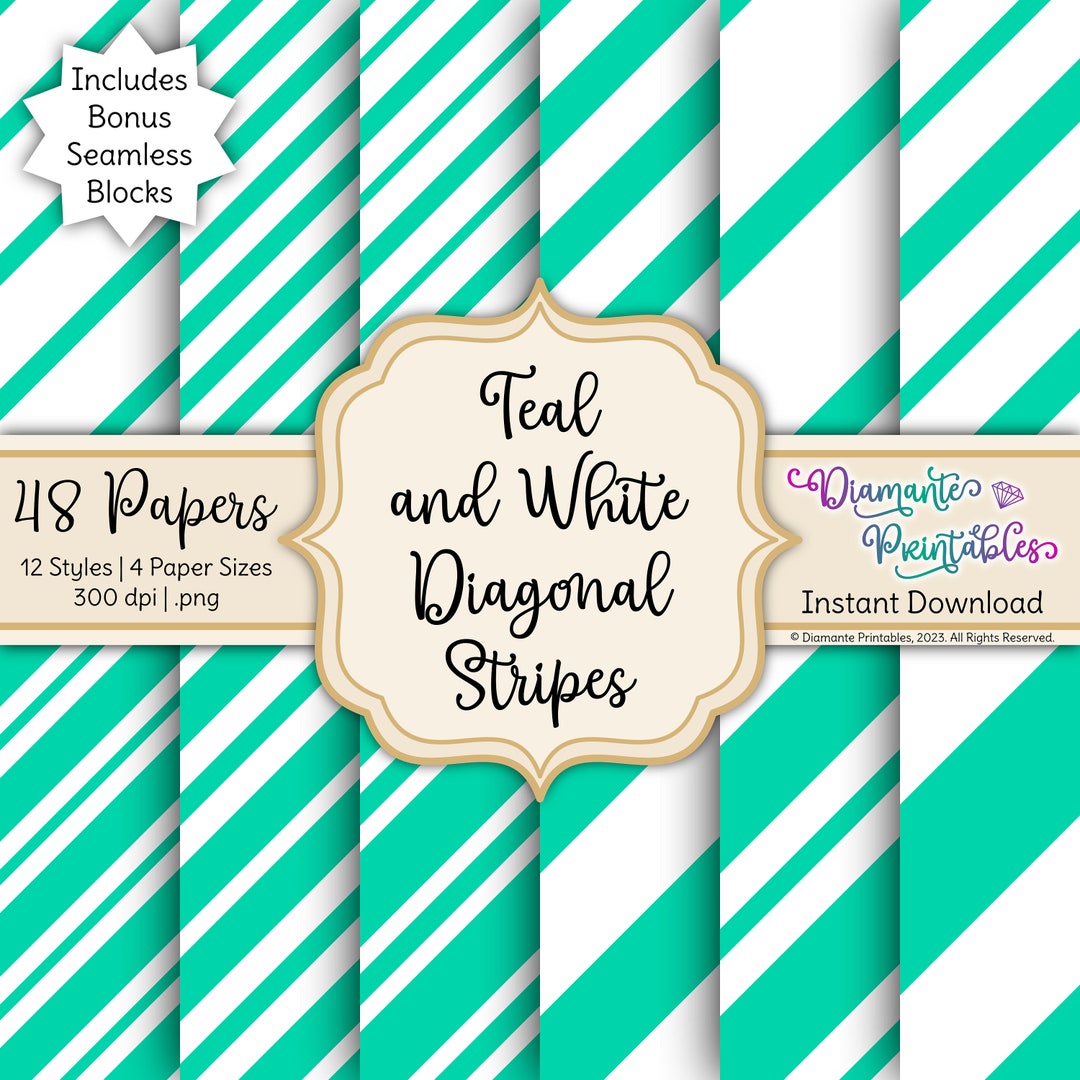 Teal and White Diagonal Stripes Digital Paper Pack | 12 Styles | 4 ...