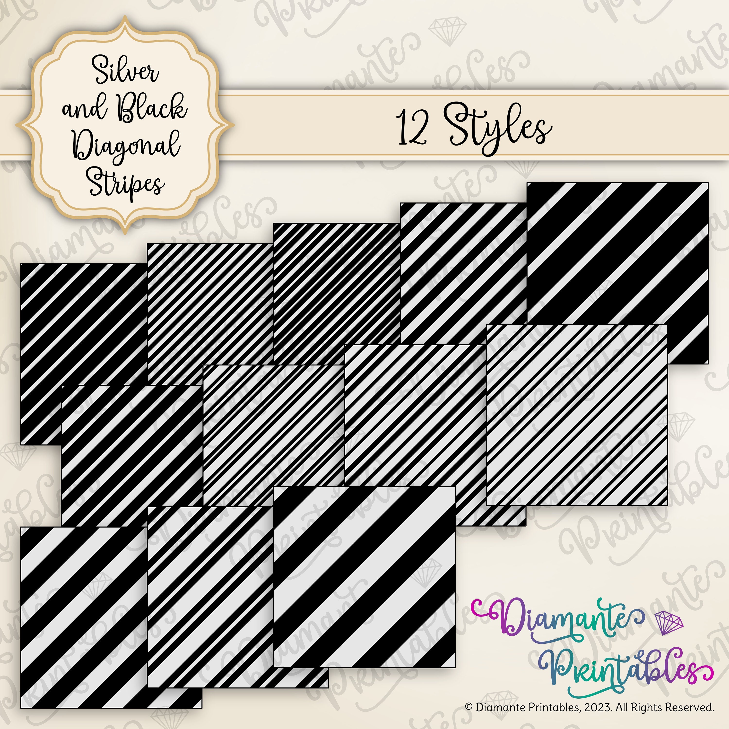 Silver and Black Diagonal Stripes Digital Paper Pack | 12 Styles | 4 ...