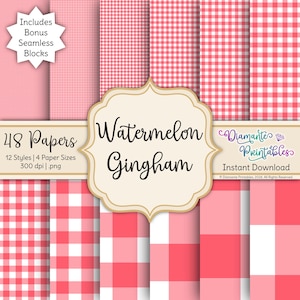 Pode incluir: Uma coleção de papéis digitais com vários padrões xadrez vermelhos e brancos. A imagem inclui o texto "Watermelon Gingham" e "48 Papers". Inclui blocos contínuos bônus.