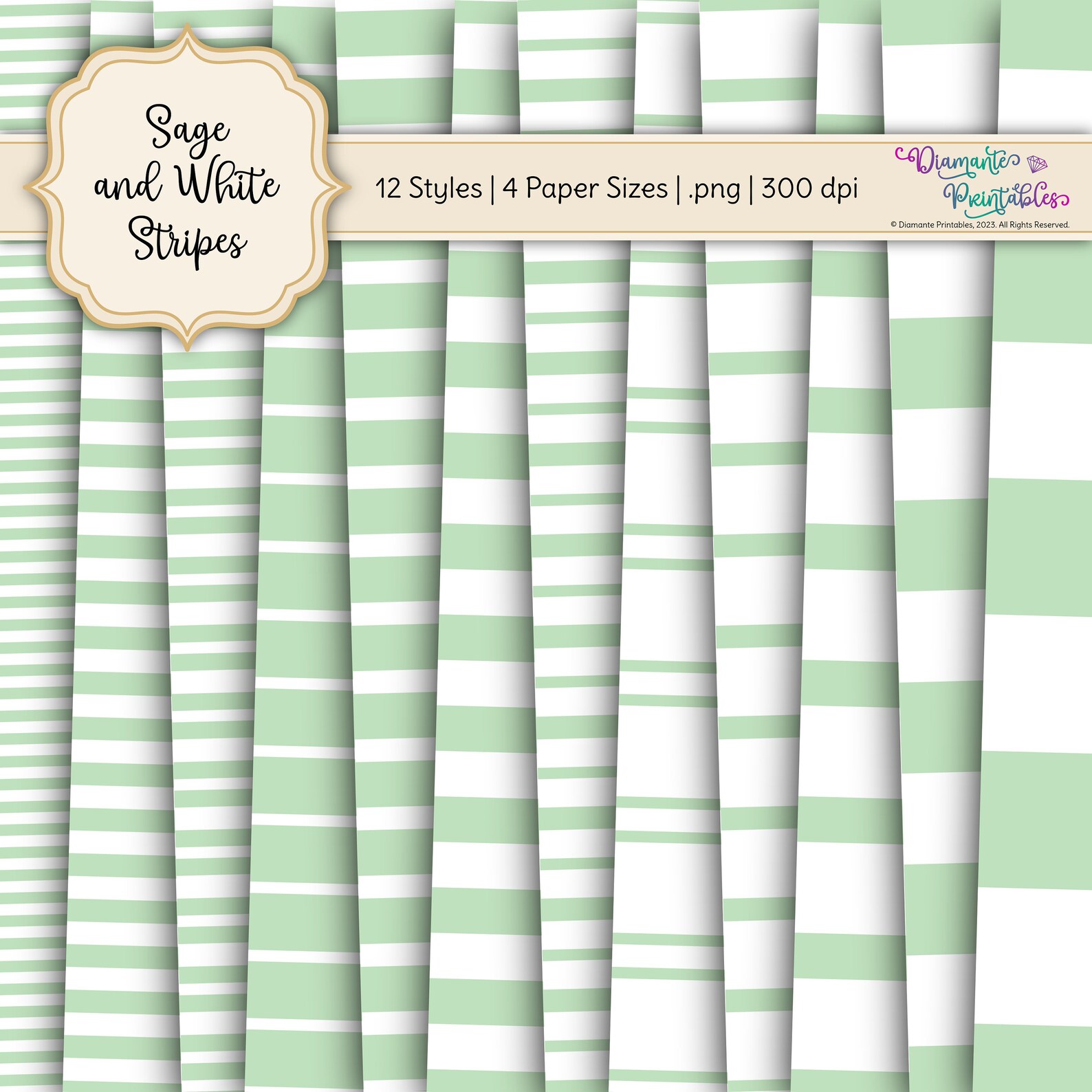 Sage and White Stripes Digital Paper Pack | 12 Styles | 4 Sizes ...