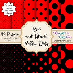 Red and Black Polka Dots Digital Paper Pack | 12 Styles | 4 Sizes | Instant Download | Commercial Use | Plus Bonus: Seamless Blocks