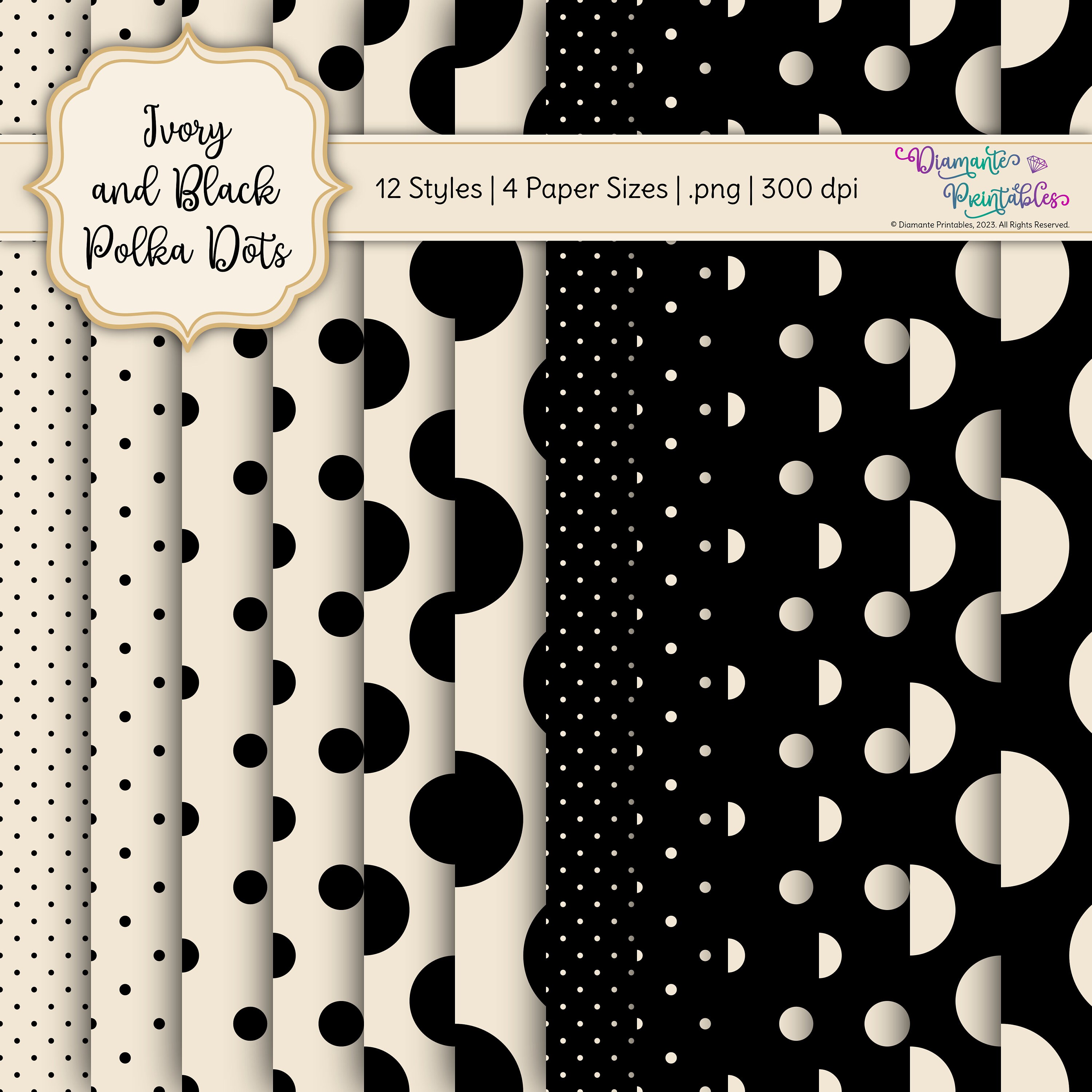Ivory and Black Polka Dots Digital Paper Pack 12 Styles 4 Sizes Instant ...