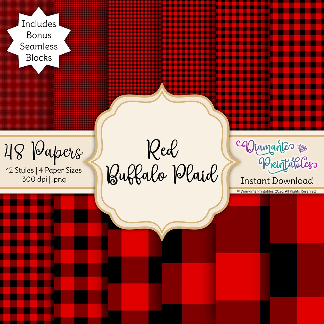 Red Buffalo Plaid Digital Paper | Bold Color Collection | 4 Sizes Plus ...