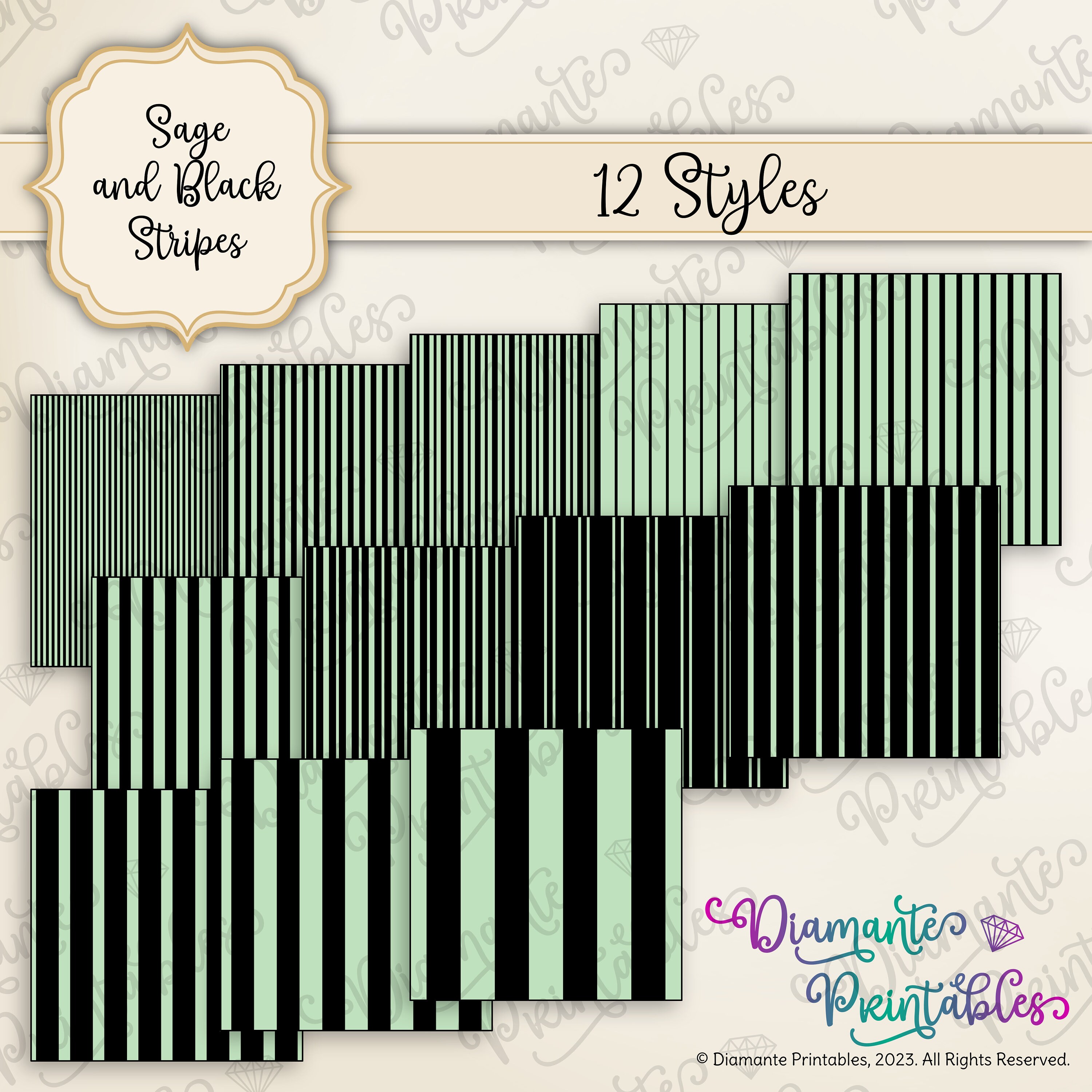 Sage and Black Stripes Digital Paper Pack | 12 Styles | 4 Sizes ...