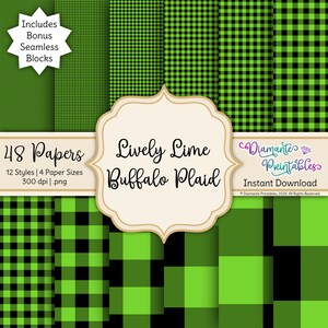 Puede incluir: Una colección digital de 48 papeles con patrones Lively Lime Buffalo Plaid en varias escalas de verde y negro. El conjunto incluye 12 estilos en 4 tamaños de papel a 300 dpi en formato .png, con bloques sin costuras adicionales.