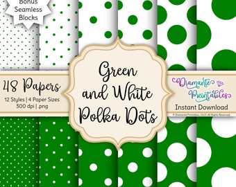 May include: A digital paper pack with 48 green and white polka dot patterns. The pack includes 12 styles and 4 paper sizes, all at 300 dpi. The text "Green and White Polka Dots" is displayed in a decorative font.