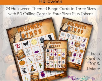 May include: Printable Halloween Bingo game featuring 24 themed cards in three sizes, with 50 calling cards in four sizes, plus tokens. The cards have Halloween-themed illustrations, including a black cat, pumpkin, and witch hat. Each card is 100% unique.