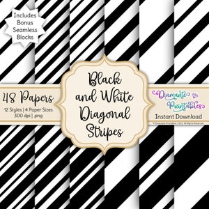 May include: A digital download of 48 black and white diagonal stripe patterns. The patterns are seamless and come in 12 styles and 4 sizes. The text "Black and White Diagonal Stripes" is in a decorative font.