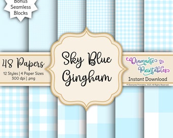 Sky Blue Gingham Digital Paper Pack | 12 Styles | 4 Sizes | Instant Download | Commercial Use | Plus Bonus: Seamless Blocks