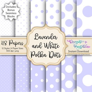 Lavender and White Polka Dots Digital Paper Pack | 12 Styles | 4 Sizes | Instant Download | Commercial Use | Plus Bonus: Seamless Blocks