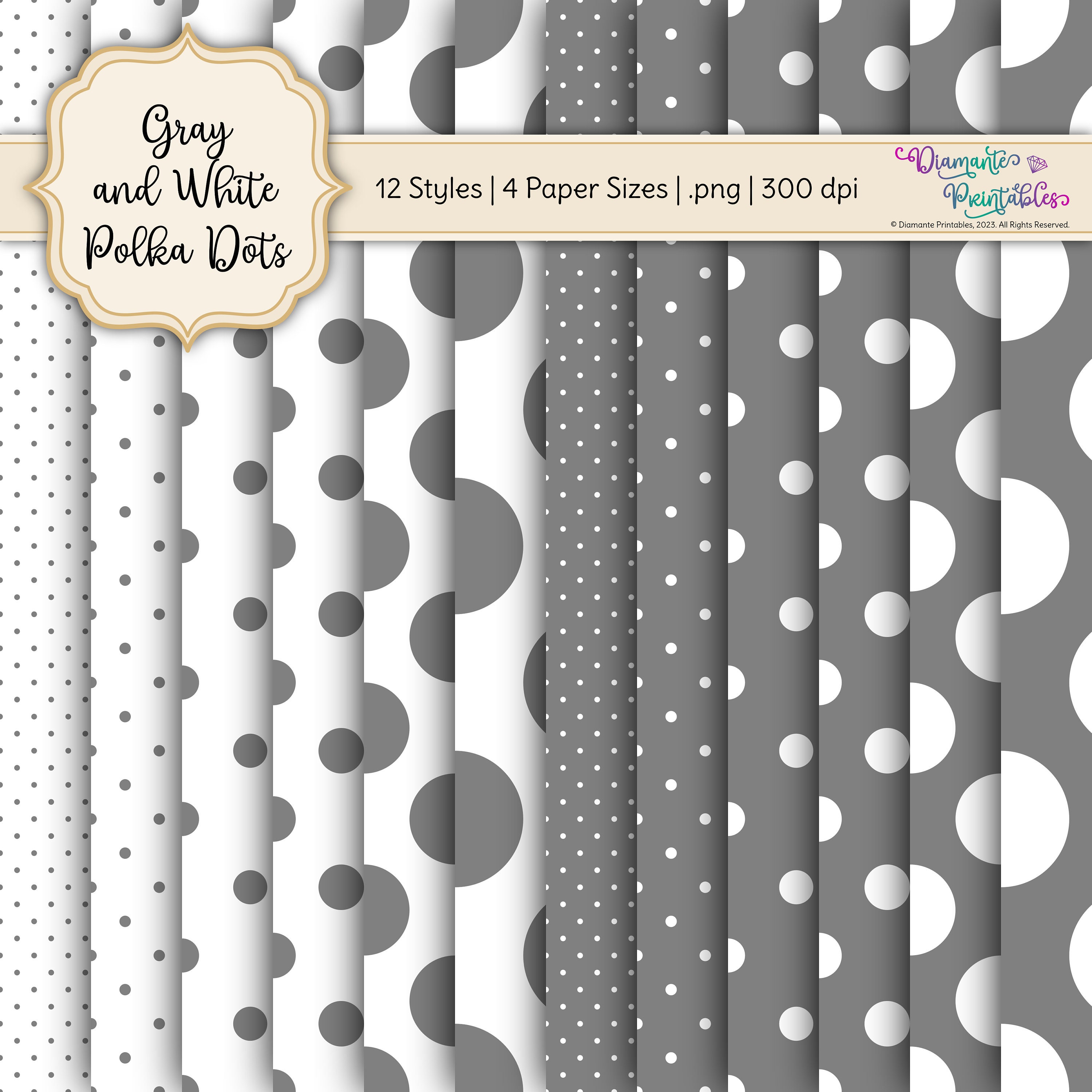 Gray and White Polka Dots Digital Paper Pack | 12 Styles | 4 Sizes ...
