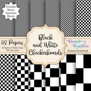 Black and White Checkerboards Digital Paper | Bold Collection | 4 Sizes Plus Bonus Seamless Blocks | PNG Scrapbook Paper | Commercial Use