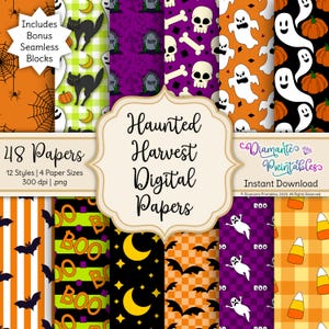 Haunted Harvest Halloween Digital Paper Pack – Spooky Cute Scrapbook & Craft Backgrounds | PNG | 12 Designs, 5 Sizes | Commercial Use