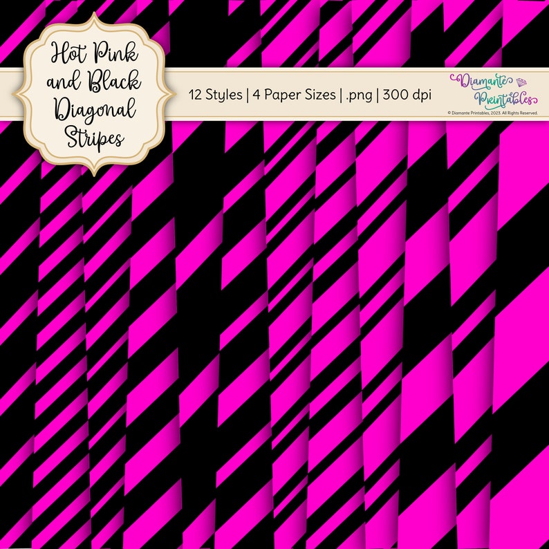 Hot Pink and Black Diagonal Stripes Digital Paper Pack | 12 Styles | 4 ...