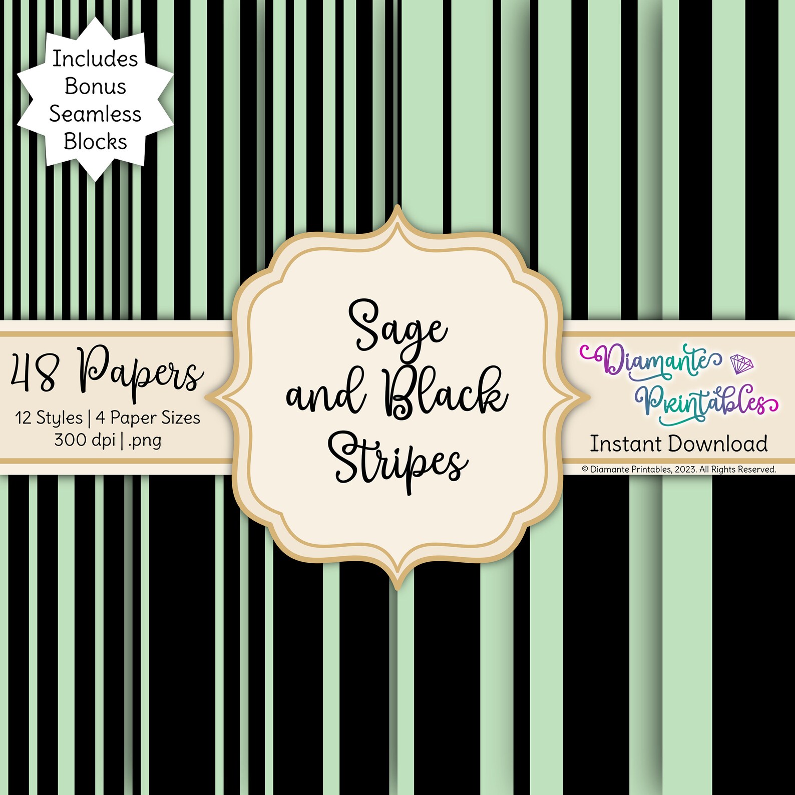 Sage and Black Stripes Digital Paper Pack | 12 Styles | 4 Sizes ...