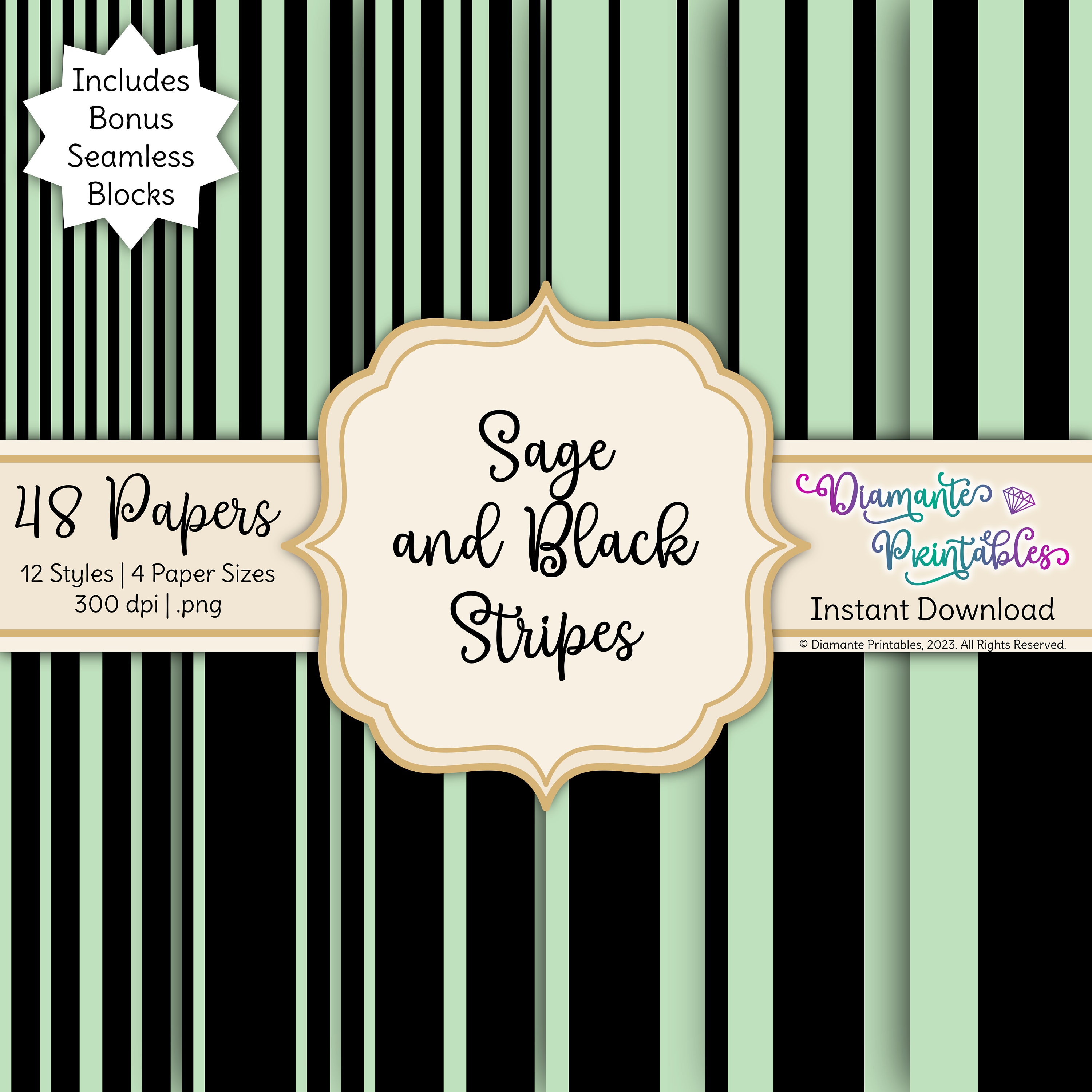 Sage and Black Stripes Digital Paper Pack | 12 Styles | 4 Sizes ...