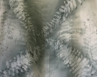 Hand-Painted Silk Scarf: Gray Fern Print Bandana, Eco-Dyed
